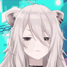 a close up of a person 's face with long white hair and cat ears