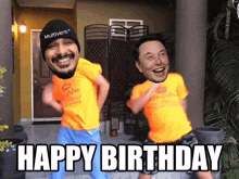 elon musk and a man with a beanie saying " happy birthday "