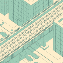 an isometric drawing of a city with a bridge