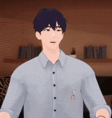 a cartoon character is wearing a blue shirt with a bear on it