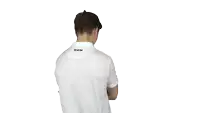 a man wearing a white shirt with a ccm logo on the back