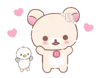a teddy bear with a button around its neck is standing next to a small penguin