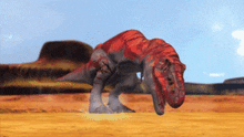 a red dinosaur is standing in a desert