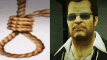a man wearing sunglasses is next to a picture of a noose