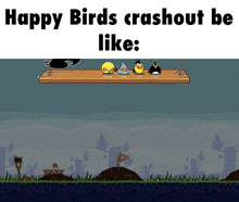 a screenshot of an angry birds game with the words happy birds crashout be like