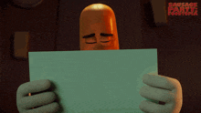 a sausage holding a piece of paper that says sausage party food truck on the bottom
