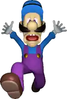 a cartoon character with a blue hat and purple overalls is jumping in the air
