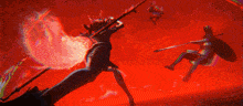 a girl with long hair is holding a sword in front of a red background