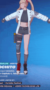 a girl in a white coat and black shorts is standing with her arms outstretched in a video game