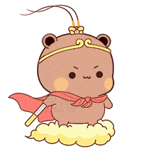 a cartoon bear is holding a stick and wearing a cape