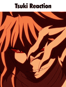 a close up of a person 's face with the words " tsuki reaction " above it