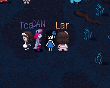 a pixel art of a girl named tca can standing next to two other girls