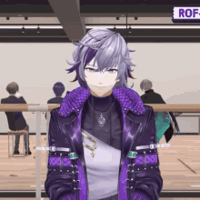a man with purple hair and a purple jacket stands in front of a sign that says ' rf '