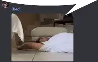 a picture of a man laying on the floor with a speech bubble saying died