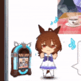 a cartoon character is standing next to a jukebox and a cup of coffee .