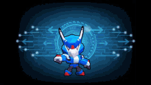 a blue and white robot is standing in front of arrows pointing to different directions