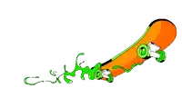 a cartoon drawing of an orange skateboard with green wheels and green liquid coming out of it