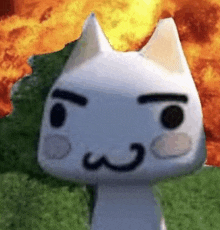 a white cat with a mustache is making a funny face in front of an explosion .