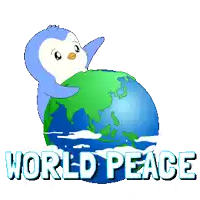 a penguin sitting on top of a globe with the words world peace written below it