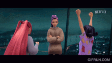 a gif from netflix shows three cartoon characters standing next to each other