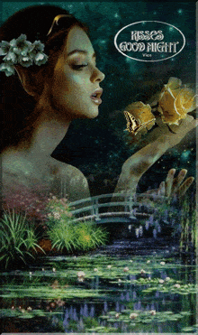 a painting of a woman blowing a rose with the words kisses good night written on the bottom