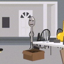 a cartoon of a stick figure standing next to a cardboard box .