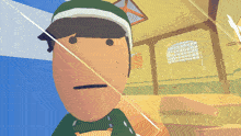 a cartoon character with a green hat and a white stripe on the side