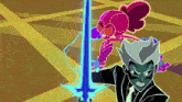 a man in a suit is holding a blue sword next to a girl in a pink suit