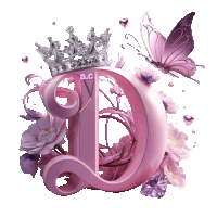 a pink letter d with a crown and butterflies surrounding it