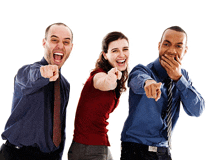 three people are pointing at the camera and one of them is laughing