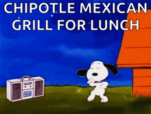 a cartoon of snoopy dancing in front of a chipotle grill