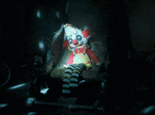 a stuffed clown doll is sitting in a chair