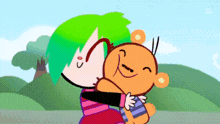 a cartoon character with green hair is hugging a teddy bear