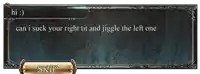 a screenshot of a video game with a message that says can i suck your right tit and jiggle the left one