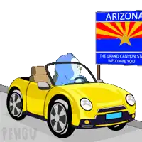 a cartoon of a penguin driving a car in front of a sign that says arizona