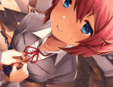a girl with pink hair and blue eyes is being touched by someone 's hand