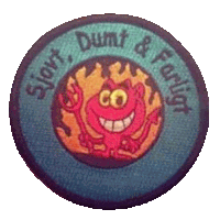 a blue circle with a cartoon devil and the words " sight dumb & foolish " on it