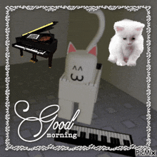 a picture of a cat playing a piano with the words good morning on it