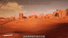 a screenshot of a video game shows a desert landscape with mountains in the distance