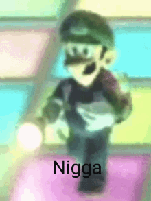 a cartoon character is standing in front of a colorful background with the word nigga on it .