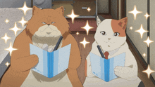 two cartoon cats sitting next to each other holding notebooks and pens