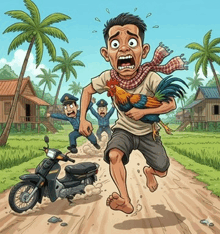 a cartoon of a man running with a chicken