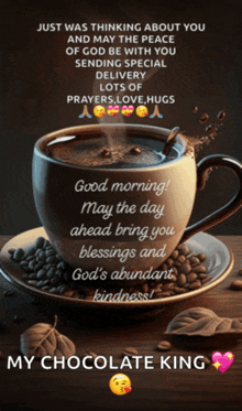 a cup of coffee sits on a saucer on a table with beans and leaves
