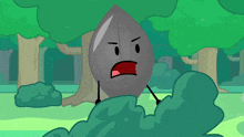 a cartoon of a leaf with an angry face standing in the woods