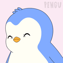 a blue and white penguin with a yellow beak is on a pink background that says pengu