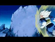 a cartoon character is flying through the air in front of a rock .