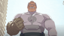 a man with a mustache is wearing a superhero costume with a dollar sign on his chest