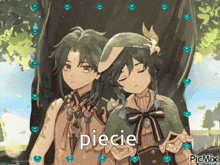 two anime characters are standing next to each other with the word piecie in the middle