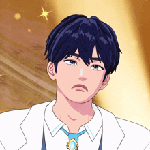 a drawing of a boy with blue hair and a white jacket