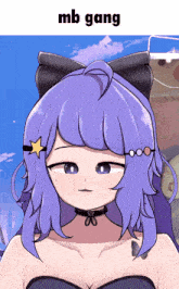 a picture of a girl with purple hair and the words mb gang on the top